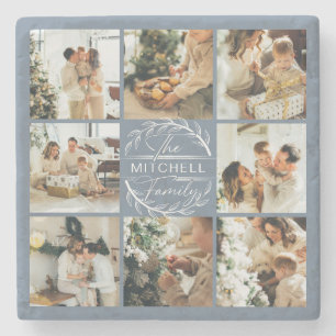 Dessous-de-verre En Pierre Monogramme bleu foncé moderne Photo de famille ini