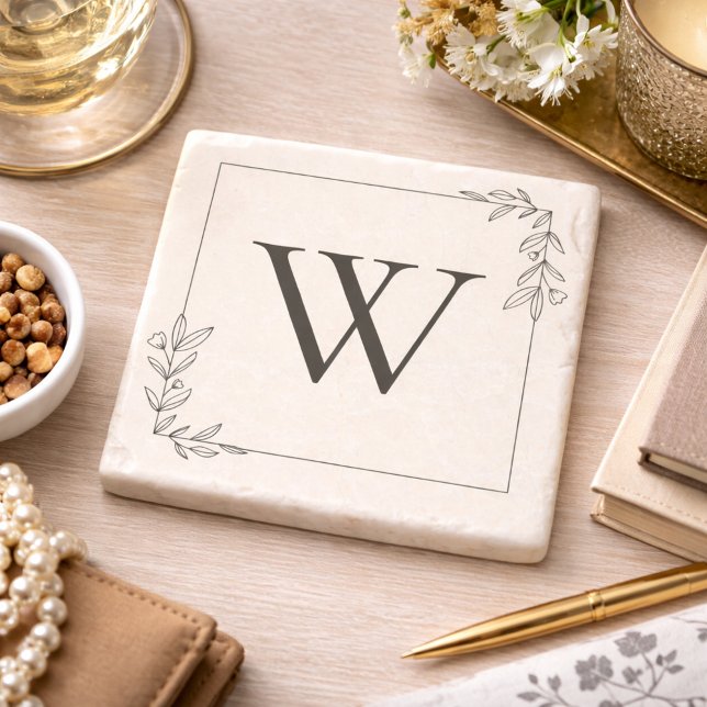 Dessous-de-verre En Pierre Monogramme Botanique Minimaliste (Créateur téléchargé)