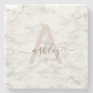 Dessous-de-verre En Pierre Monogramme Chic Blush Pink Marbre blanc Nom du scr