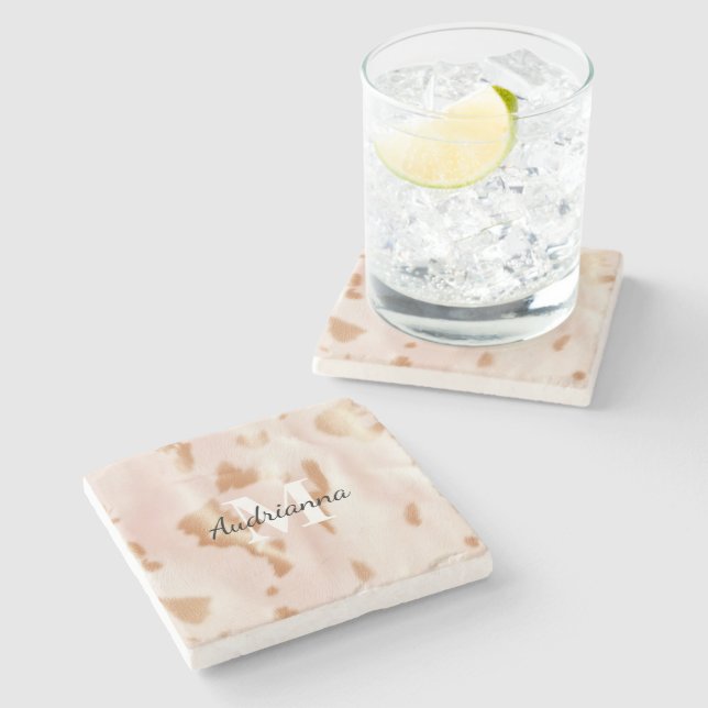 Dessous-de-verre En Pierre Monogramme de vache blanche rose (Côté)