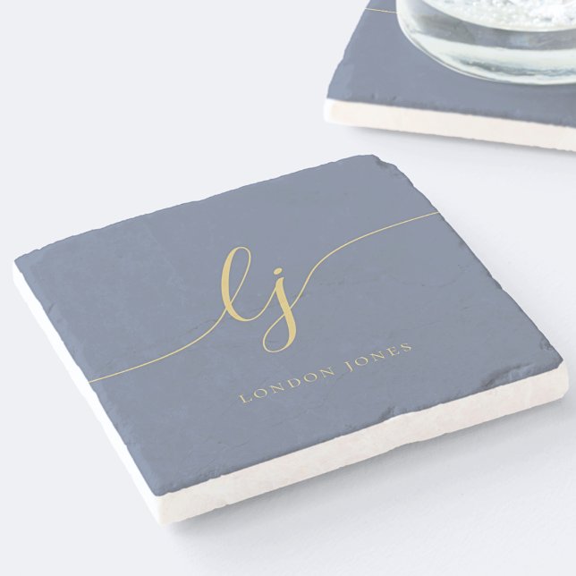 Dessous-de-verre En Pierre Monogramme Dusty Marine Bleu Or Simple Élégant (Créateur téléchargé)