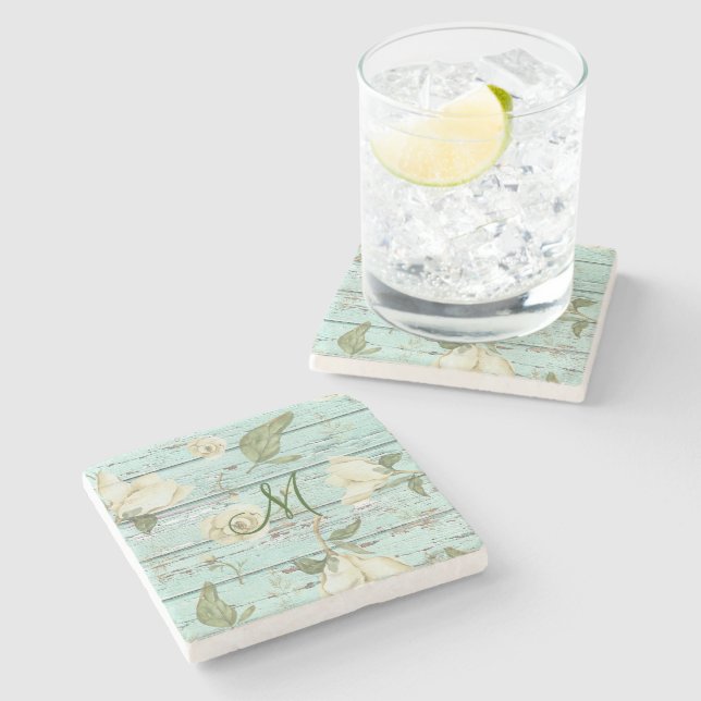 Dessous-de-verre En Pierre Monogramme en bois vert vieilli avec Magnolias (Côté)