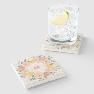 Dessous-de-verre En Pierre Monogramme en bois vieilli Rose et couronne d'euca