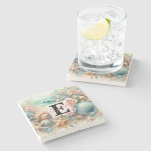 Dessous-de-verre En Pierre Monogramme et nom sur fleurs aquarelles mer coquil