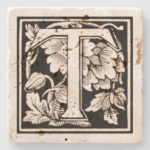 Dessous-de-verre En Pierre Monogramme floral 'T' en Carré Sepia