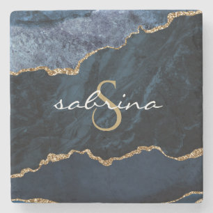 Dessous-de-verre En Pierre Monogramme Géode Agate Marine Blue Gold