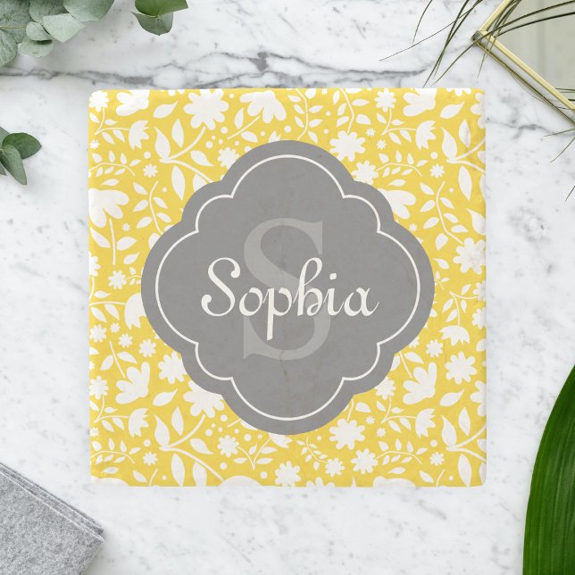 Dessous-de-verre En Pierre Monogramme gris Quatrefoil Jaune Motif Floral (Créateur téléchargé)