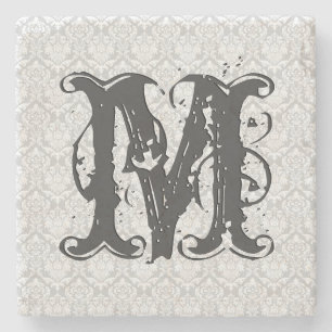 Dessous-de-verre En Pierre Monogramme Gris Tons Vintage motif floral