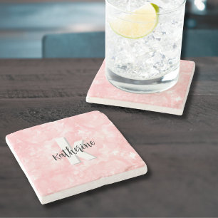Dessous-de-verre En Pierre Monogramme Initial Aquarelle Rose