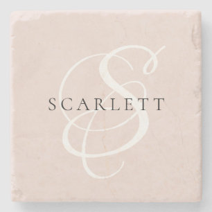 Dessous-de-verre En Pierre Monogramme moderne Script Blush rose Nom personnal