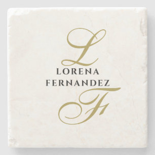 Dessous-de-verre En Pierre Monogramme Neutre Or Noir Nom Élégant Minimal