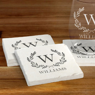 Dessous-de-verre En Pierre Monogramme Nom de famille Laurel Wreath Crest