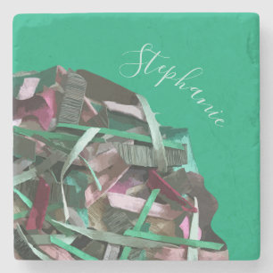 Dessous-de-verre En Pierre Monogramme Nom Vert Kaki Rose Abstrait Rayures