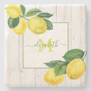 Dessous-de-verre En Pierre Monogramme pays citrons aquarelle sur bois rustiqu
