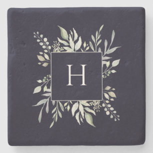 Dessous-de-verre En Pierre Monogramme personnalisé Botanique Dark Navy