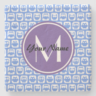Dessous-de-verre En Pierre Monogramme personnalisé Chouettes bleues