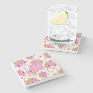 Dessous-de-verre En Pierre Monogramme personnalisé de fraises roses