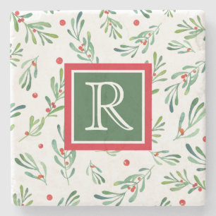 Dessous-de-verre En Pierre Monogramme personnalisé Foliage de Noël rouge et