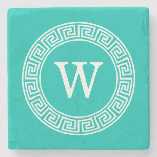 Dessous-de-verre En Pierre Monogramme rond principal grec blanc turquoise