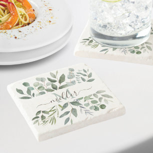 Dessous-de-verre En Pierre Monogramme Sage Green Eucalyptus Feuilles de verdu
