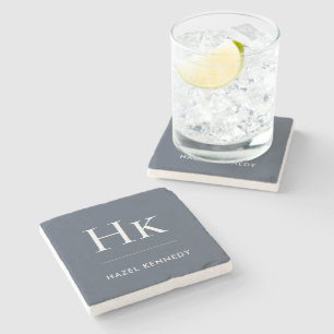Dessous-de-verre En Pierre Monogramme Simple Élégant Minimaliste Nom Bleu Mar