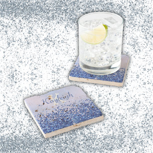 Dessous-de-verre En Pierre Monogramme simple en métal brossé bleu et Parties 