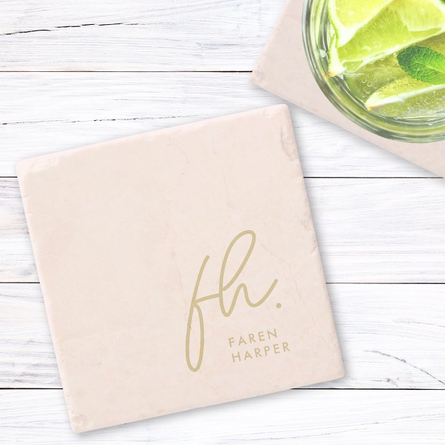 Dessous-de-verre En Pierre Monogramme Simple Feminine Script Blush Pink Gold (Créateur téléchargé)