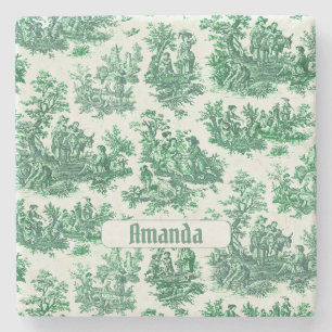 Dessous-de-verre En Pierre monogramme vintage fleuri vert toile jouy