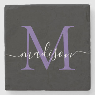 Dessous-de-verre En Pierre Monogramme violet noir Violet Nom du script fémini