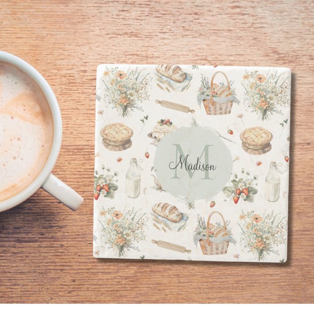 Dessous-de-verre En Pierre Monogramme Whimsical Floral Strawberry Country (In situ)