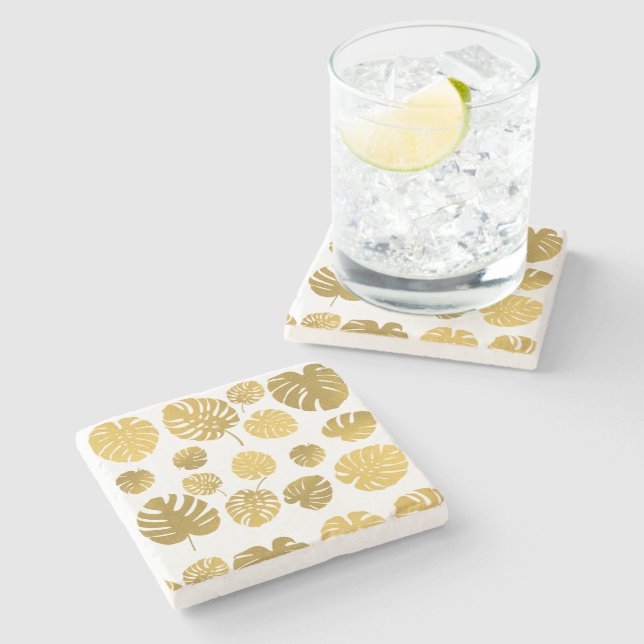 Dessous-de-verre En Pierre Monstère d'or moderne Feuille Tropical Motif (Côté)