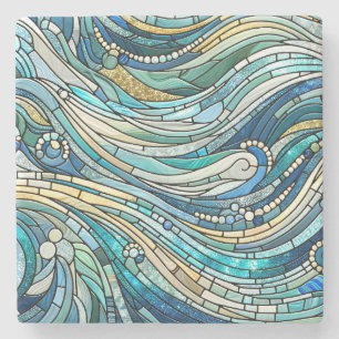 Dessous-de-verre En Pierre Mosaïque de teal de la mer des vagues Beaux-Arts