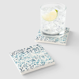 Dessous-de-verre En Pierre Mosaïque Terrazzo Abstrait Motif Bleu Marine et Bl