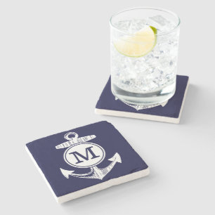 Dessous-de-verre En Pierre Motif Ancre bleu marine