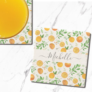 Dessous-de-verre En Pierre Motif botanique floral d'été aux agrumes orange