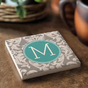 Dessous-de-verre En Pierre Motif damassé gris chic et sarcelle avec monogramm