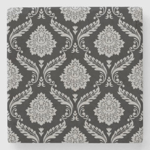 Dessous-de-verre En Pierre Motif Damassé Rococo Gris sur Fond Noir