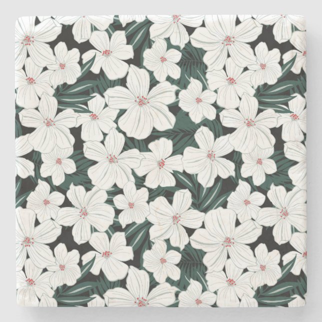 Dessous-de-verre En Pierre Motif de fleurs tropical blanc (Devant)