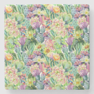 Dessous-de-verre En Pierre Motif de floraison exotique de cactus d'aquarelle