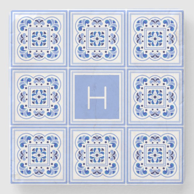 Dessous-de-verre En Pierre Motif de tuiles portugaises Monogramme personnalis (Devant)