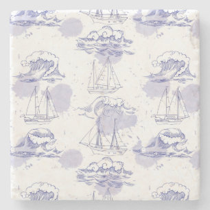 Dessous-de-verre En Pierre Motif de vagues et de bateaux d'aquarelle