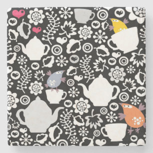 Dessous-de-verre En Pierre Motif d'oiseaux et de tasses