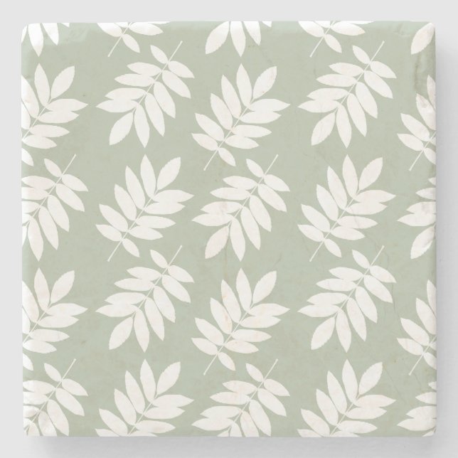 Dessous-de-verre En Pierre Motif feuille aînée blanc sur vert (Devant)