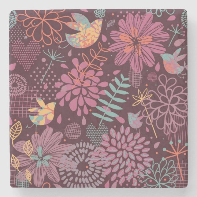 Dessous-de-verre En Pierre Motif floral abstrait avec des oiseaux (Devant)