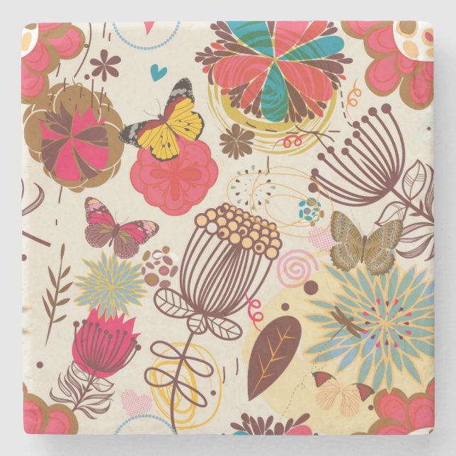 Dessous-de-verre En Pierre Motif floral dans le rétro style 4 (Devant)