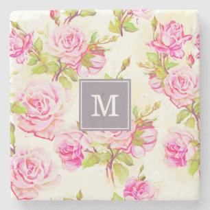 Dessous-de-verre En Pierre Motif Floral personnalisé Vieux Rose Monogramme Pi