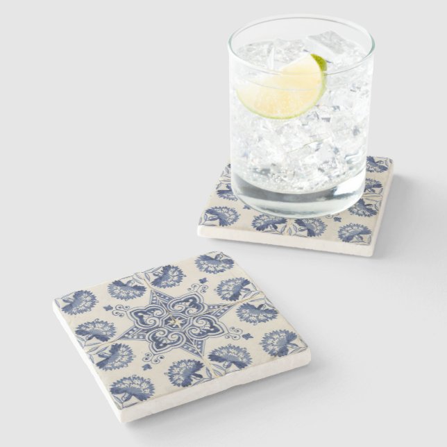 Dessous-de-verre En Pierre Motif géométrique bleu vintage (Côté)