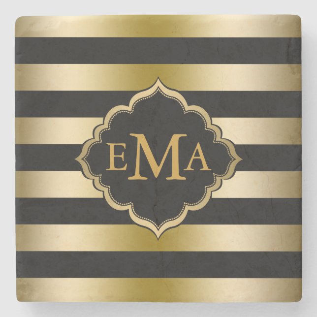 Dessous-de-verre En Pierre Motif géométrique Monogramme Gold & Black Stripes (Devant)