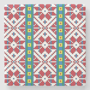 Dessous-de-verre En Pierre Motif géométrique tribal rouge, bleu et blanc étoi