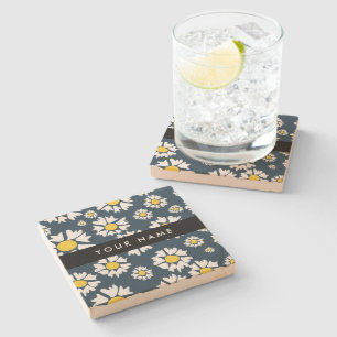 Dessous-de-verre En Pierre Motif Marguerite, Marguerites Blanches, Votre Nom